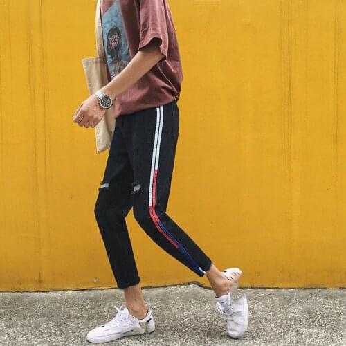 Spring and Autumn 2020 Fashion Casual Trendy Youth Loose Jeans striped cut hole Mens Casual Korean Slim Wild Mens pencil Pants