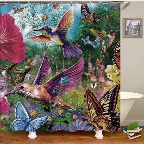 Flowers Birds Butterfly Shower Curtain 3D Bath Screen Waterproof Fabric Bathroom Decor Tropical Plant with Hook Shower Curtains