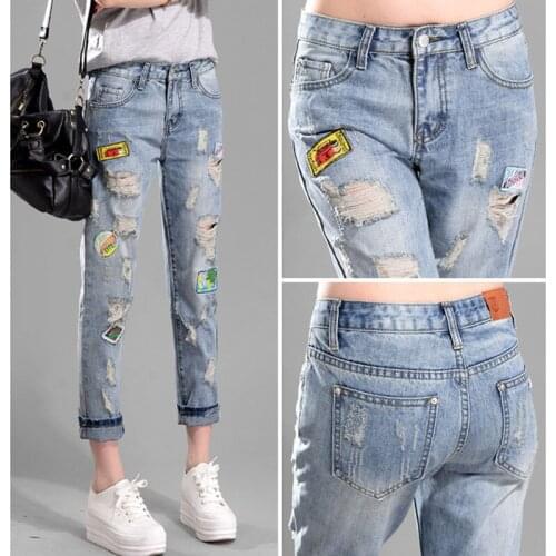 Spring Summer Women Ripped Jeans High Waist Embroidered Patch Casual Denim Pants Ladies Jeans Hallen Trousers Plus Size 5XL 2138