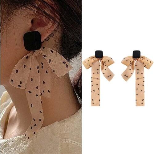 Ribbon Polka Dot Earrings Trend Fashion Bow Earrings Women Dangle Drop Earring Temperament Wild Elegant Ear Jewelry Gift