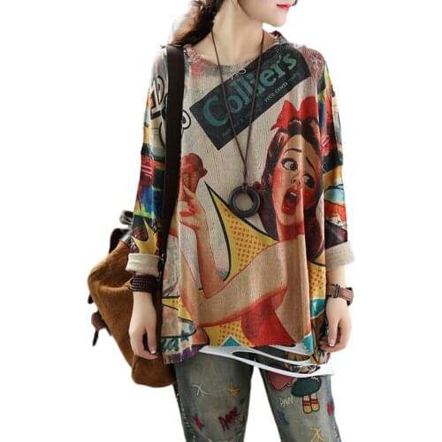 Retro Print Vintage Sweaters Women 2020 Spring Autumn Loose Long Sleeve Soft Knit Girl Pullover Tops Female Jumpers AA118S50