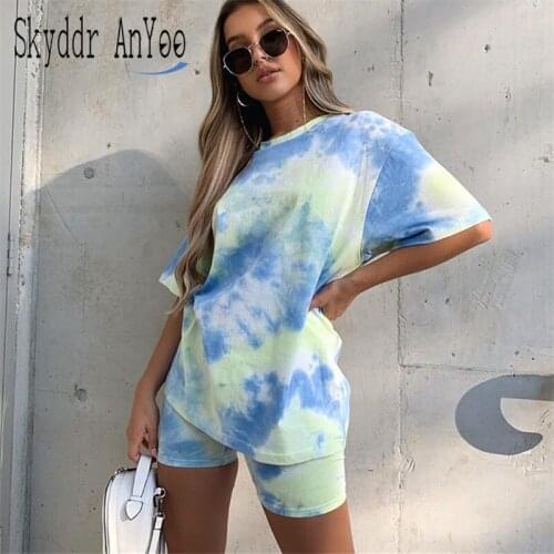 Tie Dye Print Summer Two Piece Set Women 2 Piece Set Comfortable Lounge Wear Loose Tshirt And Biker Shorts Casual Suit For Woman