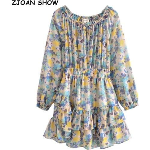 2021 CHIC Floral Print Long Sleeve Dress Vintage Women Adjust Waist Mini Long Sleeve Dresses French Ruffles Hem Holiday Robe