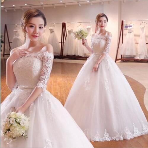 Boat neck Princess Wedding Dress High quality woman dress Lace Beading Half Sleeves Celebrity Ball Gown vestido De Noiva