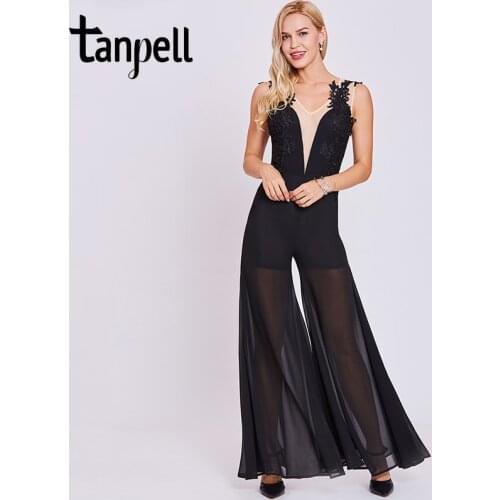 Tanpell jumpsuit style evening dresses black sleeveless appliques a line floor length dress women v neck formal evening dress