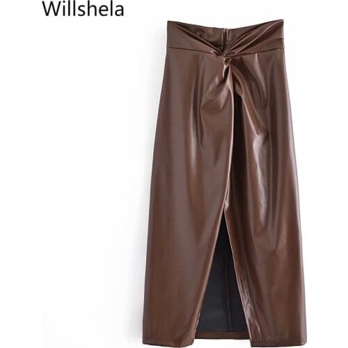 2021 Women Fashion Pleated Faux Front Split Solid Midi Skirt High Wait Back Zipper Vintage Female Skirts Woman jupe