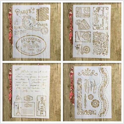 4Pcs / Lot A4 Paris Stamp DIY Layered Stencil Mold Mural Scrapbook Coloring Embossed Album Decorative Paper Card Template
