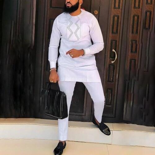 H&D African Clothing Sets For Men Long Sleeve Shirt Pants 2 Piece Set Islamic Arab Kaftan Suit Embroidered Dashiki Outfit Attire