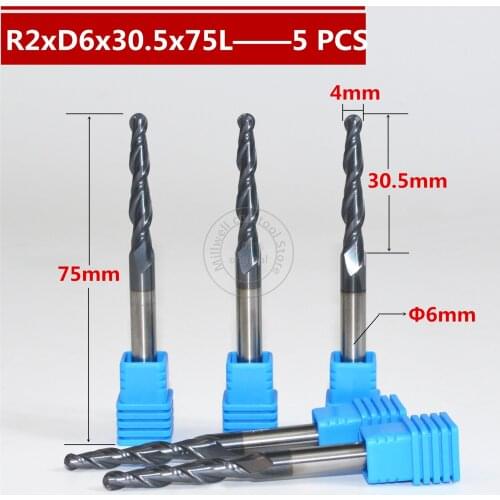 Free shipping-5PCS R2.0*D6*30.5C*75L*2F HRC55 Tungsten solid carbide Coated Tapered Ball Nose End Mill taper and cone end mills