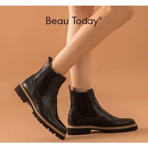 BeauToday Chelsea Boots Women Calfskin Genuine Leather Round Toe Elastic Band Ladies Ankle Brogues Boots Handmade 03439
