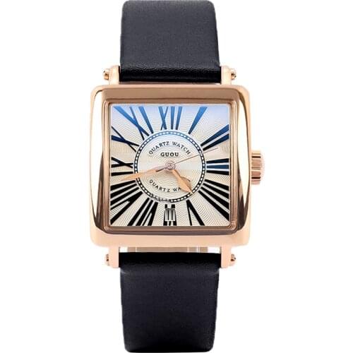 GUOU Brand Quartz Alloy Band & Leather Watch Womens watches Square simple Water Calendar Quartz Water Resistant Wristwatches