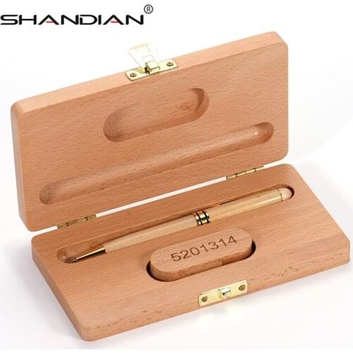 SHANDIAN Beech Ballpoint Pen Case+ USB flash drive 4GB 8GB 16GB 32GB 64GB usb pendrive Exquisite gift (Custom logo)