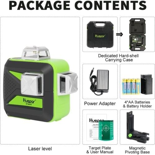 Huepar 12 Lines 3D Cross Line Laser Level Self-Leveling 360 Vertical & Horizontal Green Beam with Hard Carry Case Laser Tool Kit