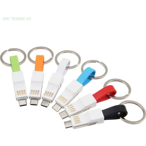 100pcs/lot 3 In 1 USB Cable Flat Wire with Key Ring for IPhone Fast Charging Cable for Sony Micro USB Type C Cables Charge Cord
