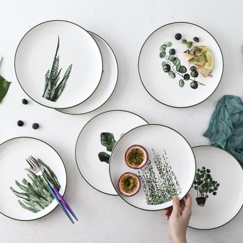 23cm Hot New Tropical Ceramic Green Plants Plate Dessert Plate Western-style Dinnerware 1pc/lot Porcelain Dish Tray Tableware