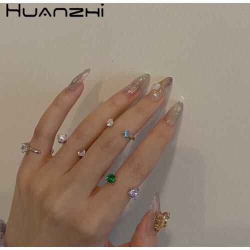 HUANZHI 2021 New Korean Trendy Colorful Zircon Imitation Pearl Joint Ring Metal Opening Rings for Women Girls Party Jewelry