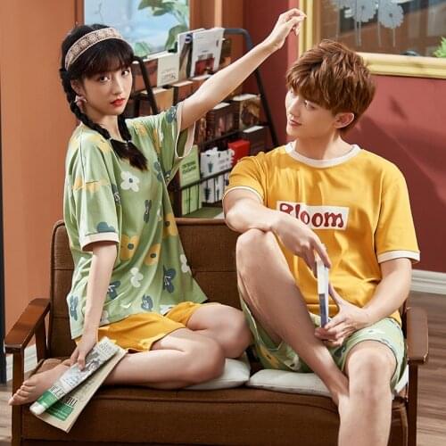 Korean Sweet Kawaii Floral Women Pajamas Sets Casual Cotton Short Sleeve Couple Homewear Summer Fashion Avocado Green Sleepwear