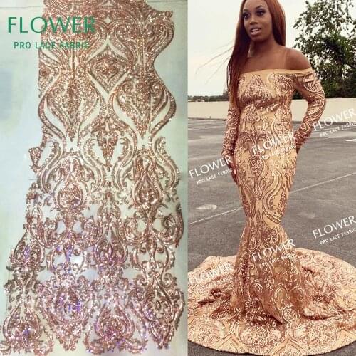 Champagne Gold African Sequins Net Lace Fabric Unique Design Nigerian Guinea Lady Bride Dresses Sewing Material Embroidery Laces