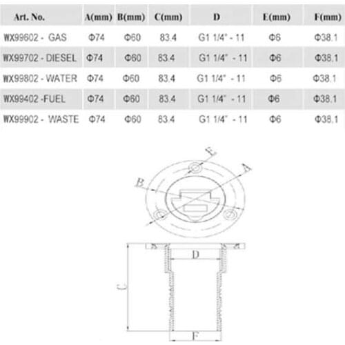 Boat Deck Fill/Filler Cap Keyless 38mm (1-1/2" ) Gas - 316 Marine-Grade Stainless Steel