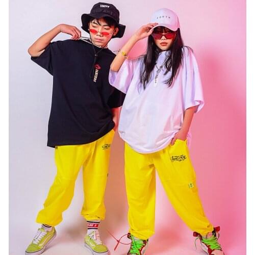 2020 New Jazz Hip Hop Ballroom Dance Clothes Boys Loose Practice Clothes T-Shirt Yellow Trousers Hiphop Suit Girls Kids DQS4397