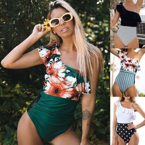 2021 New Fashion Ladies Printed Swimsuit Sexy Halter One-shoulder Ruffle Stripe Polka Dot One-Piece Swimsuit Bikini Set