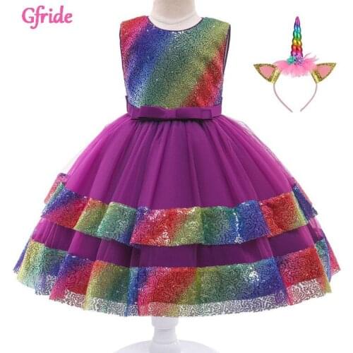 Girls Unicorn Sequins Rainbow Costumes Headband Kids Flowers Tutu Disfraz Dress Princess Fancy Birthday Theme Party Clothing