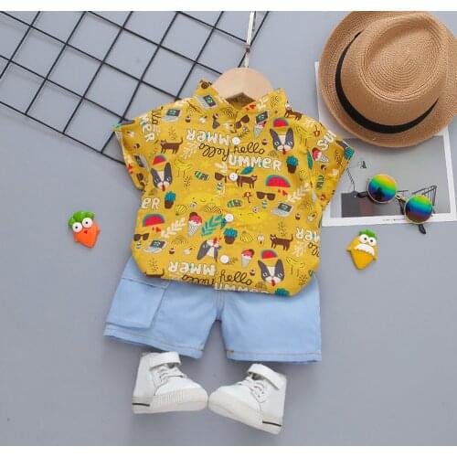 Toddler Kids Baby Boys Sets Cartoon Animals Printing Pattern Gentleman Shirt Tops+denim Shorts Outfit Children Boys Clothes