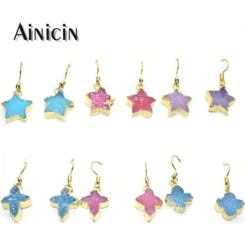 1 Pair Natural Druzy Crystal Stone Star Cross Clover Hook Earrings Gold Plating Fashion Women Dangle Earring