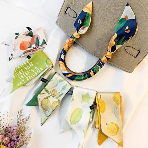 2021 New Retro Silk Scarf Fresh Fruit Pattern Thin Narrow Strip Scarf Headband Bag Decorative Bandage
