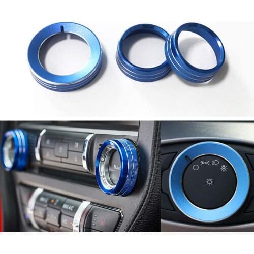 Blue Aluminum Headlight Volume Tune Control Knob Cover Ring Trim Interior Accessories Compatible for Ford Mustang