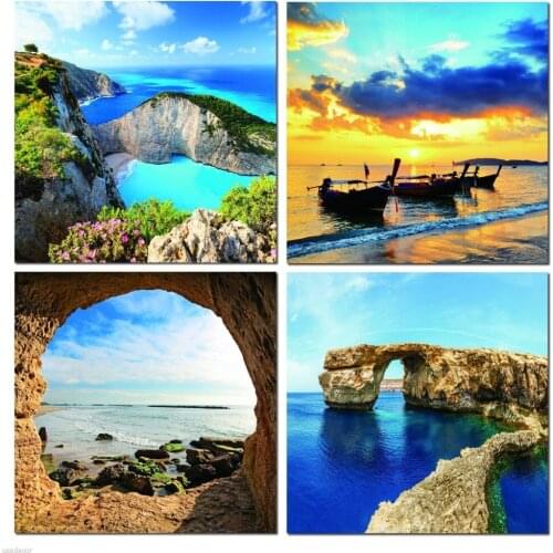 Modern Promotion Prints Beach Seascape Painting Sea Boat Sunset Painting Cuadros Wall Picture For Living Room(No Frame)