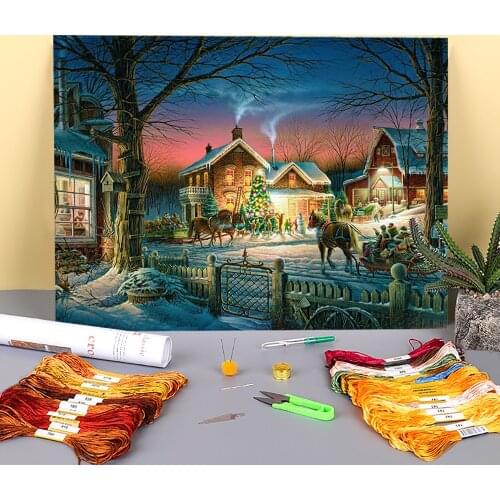 Christmas Village Printed Fabric 11CT Cross-Stitch DIY Embroidery Full Kit DMC Threads Handicraft Needlework Craft Design