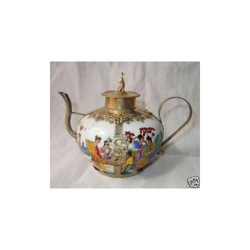 Decorated Handwork Porcelain Armored Lid Teapot Garden Decoration 100% real Tibetan Silver Brass