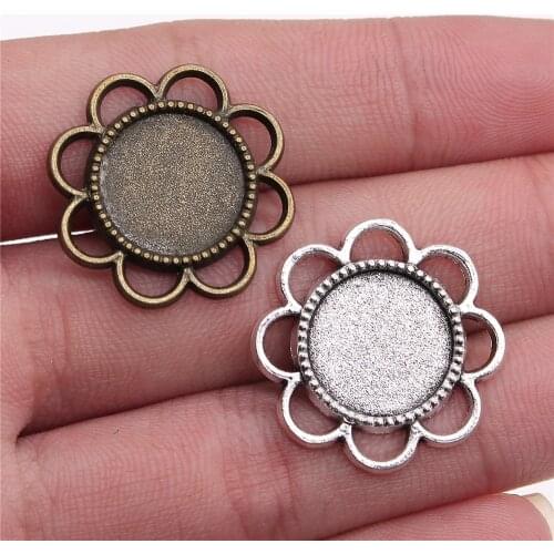 WYSIWYG 10pcs 2 Colors 15mm Inner Size Round Flower Shape Cameo Cabochon Base Setting For Jewelry Making DIY Jewelry Findings
