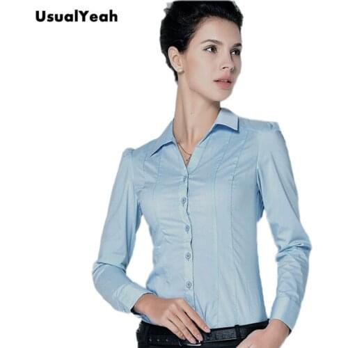New Fashion Women Casual Body Shirts Blouses Long sleeve V-neck Button office blusa feminina white blue S M L XL SY0247