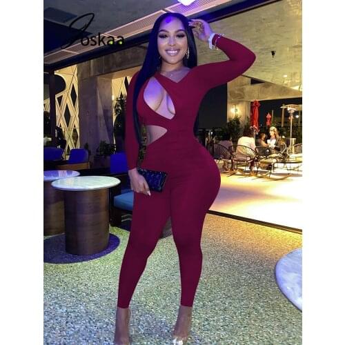 Joskaa Solid Long Sleeve Hollow Out Back Zipper Bodycon Jumpsuits for Women One Piece Outfit Overalls Fall 2021 Casual Sportwear