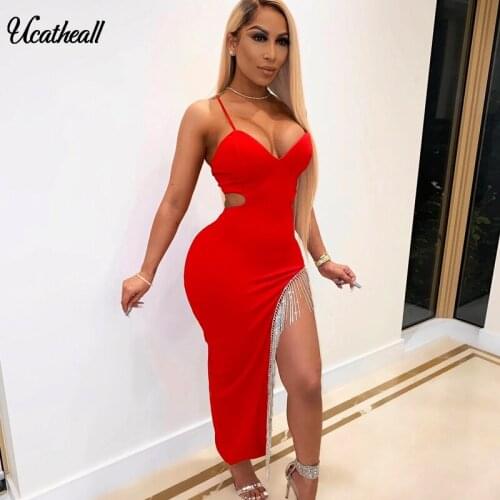 Sexy Summer Dress Lady Outfit High Split Long Dress Solid Womens Dresses Side Crtystal Tassel Bandage Dress Vestidos