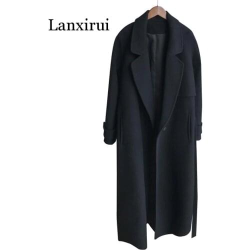 Winter women cashmere wool jacket new fashion medium long loose woolen coat black slim long-sleeved woolen outerwear