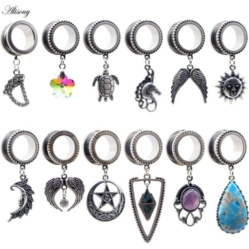 Alisouy 2pcs Feet Flower Crystal Tortoise Leaf Star Pendant Ear Gauges Tunnel and Plugs Stretcher Expander Piercing Body Jewelry