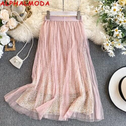 ALPHALMODA Super Fairy Sweet Mesh Skirt 2020 Spring New High Waist Bling Bronzing Dot Women Shining Fashion Skirt