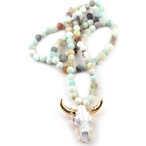 Free Shipping Fashion Frosted Amazonite Stones Horn Pendant Necklace For Ethnic Necklace