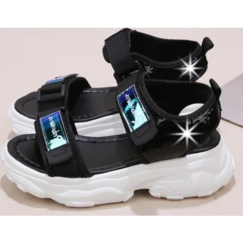 Wohdhe Bling Women Sport Sandals Thick Bottom Platform Casual Hook Loop Open Toe Sandals Womens Summer Shoes 2021 Heels 5.5cm