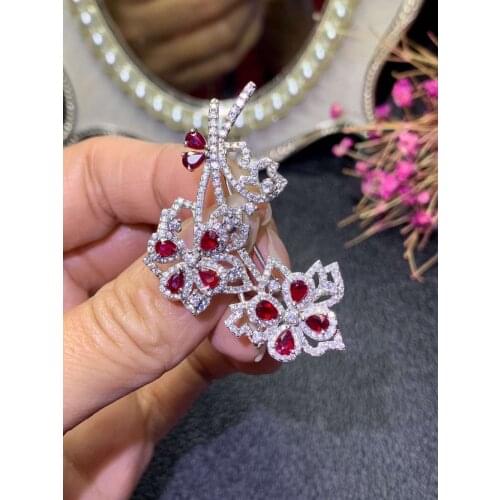 Natural red ruby Brooches pendant S925 silver natural gemstone Brooches fashion Flower Branches girlfriend wedding gift jewelry