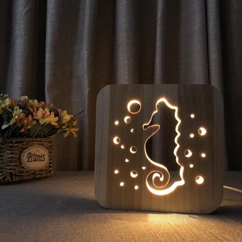 Wooden Hippocampus Lamp Hollowed-out 3D Wood Night Light Warm White LED Desk Lamp USB Power Supply as Friends Gift