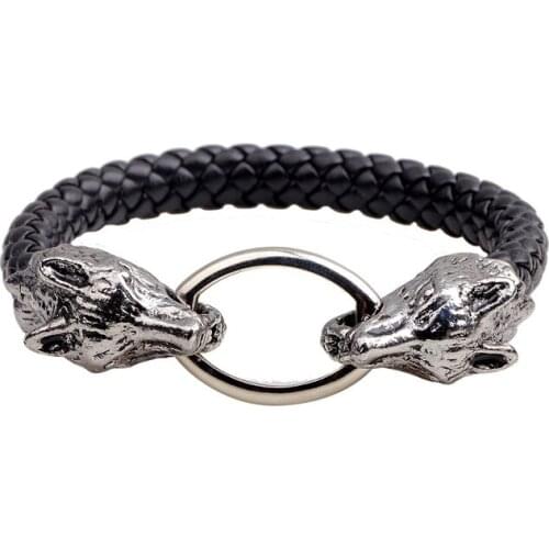 SIZZZ 20cm Long Bursts Of Mens Double-headed Wolf Leather Bracelet Domineering Personality Bracelet For Women And Men