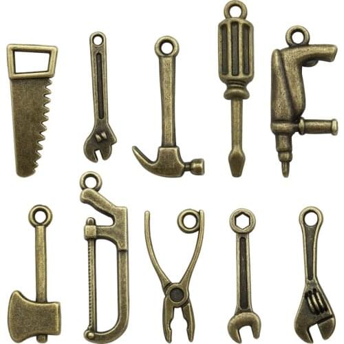 50pcs Antique Bronze tone 10 kinds Mix 3D Tool Charm Collection Hammer Pliers Tape Screwdriver Construction Jewelry Accessories