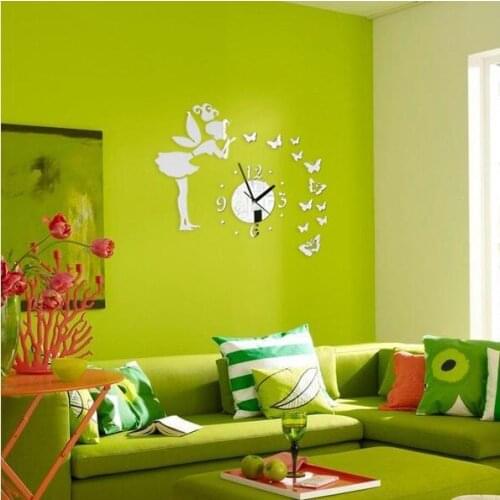 Fairy and fly butterfly wall mirror clock , DIY butterlfy waterproof mirror sticker , 3D decoration mirror