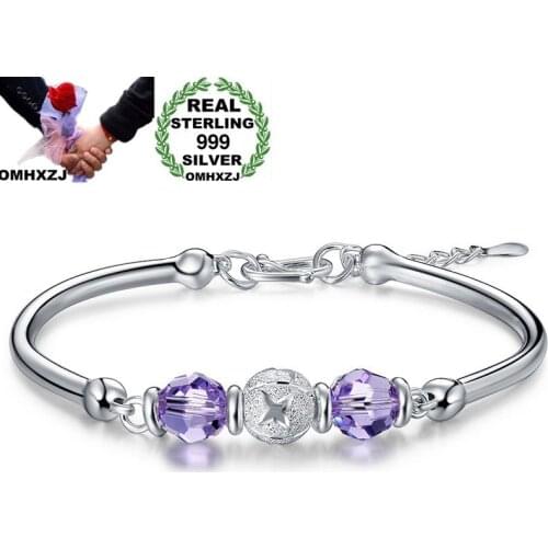 OMHXZJ Wholesale European Fashion Woman Girl Party Wedding Gift Lucky Beads AAA Zircon 999 Sterling Silver Cuff Bangle BA69