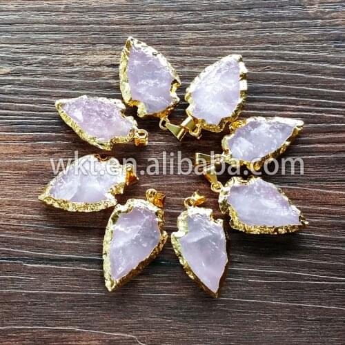 WT-P477 Wholesale Hand carved pink quartz arrowhead pendants with 24k gold dipped resist tarnishable