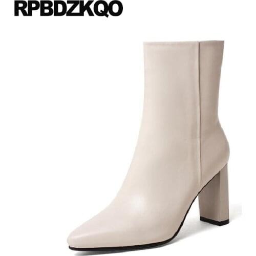 Autumn 2017 Brand Women Winter Boots Genuine Leather Short Chunky Thick Fall Ankle Pointy Pointed Toe Luxury Beige High Heel